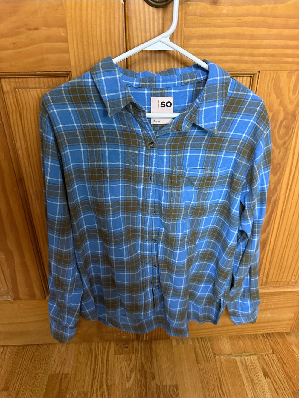 SO Blue and Olive Plaid Casual Button-Down Shirt
